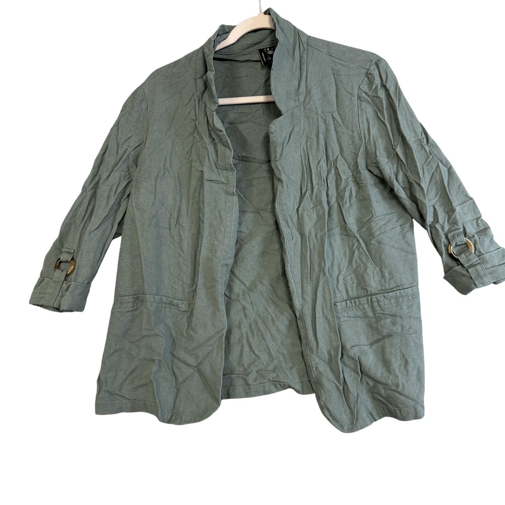 Vero Moda Blazer Jacket Womens Large Green Linen 3/4 Sleeve Open Front Relaxed
